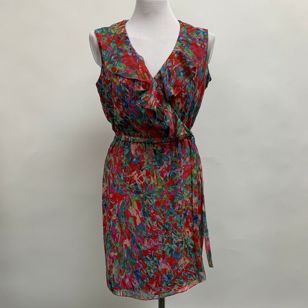 Andrew Marc New York Women's Dress Medium Large Red Multicolor V-Neck Ruffles